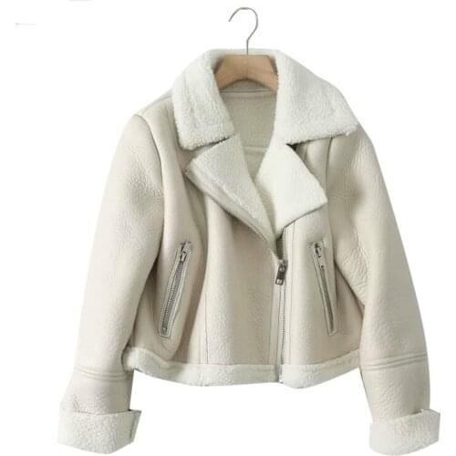 Fur Faux Leather Lapel Long Sleeve Thick Warm Short Womens Jacket Coat Vintage Lambswool Clothes Female Locomotive Tops Outwear