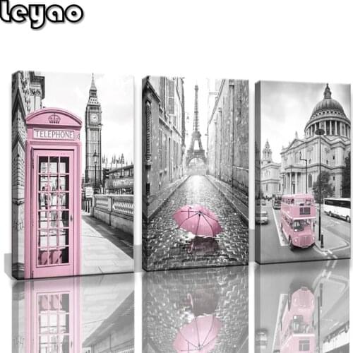 Pink Themed Diamond Painting for Girls Room Diamond Embroidery Black and White Paris Tower London Big Ben 3 Pieces Triptych