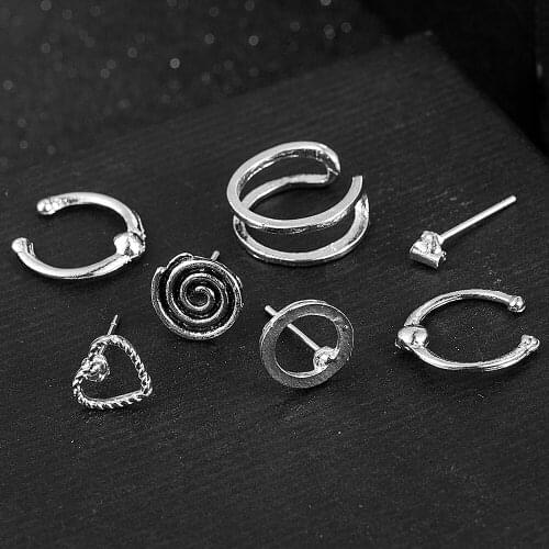 New 7 Pcs/lot Vintage Alloy Stud Earrings Ear Clip Set for Women Lovely Charms Collection Heart-shaped Circles Rotating Jewelry