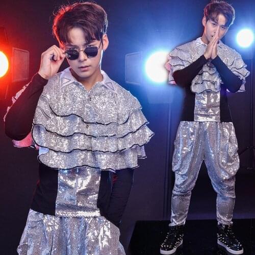 Nightclub Bar Male Singers Drums Jazz Dance Modern Dance Costumes Personality Sequins Cloak Rain God Pants 2020