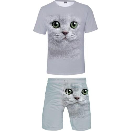 New 3D animal T-shirt + beach shorts male / female hip hop summer casual 3D cat print boy / girl two-piece fashion cool