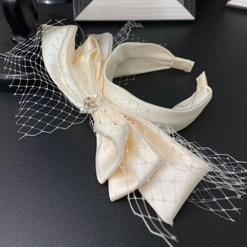 Bow Hairband Bridal Headdress Retro Champagne And White Gauze Flower Wedding Headdress Accessories