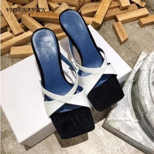 Simple retro sheepskin Muller sandals summer square toe kitten heel cross strap elegant high-heeled slippers