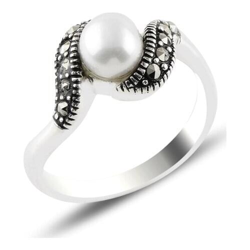 Silver 925 Sterling Pearl & Marcasite Ring
