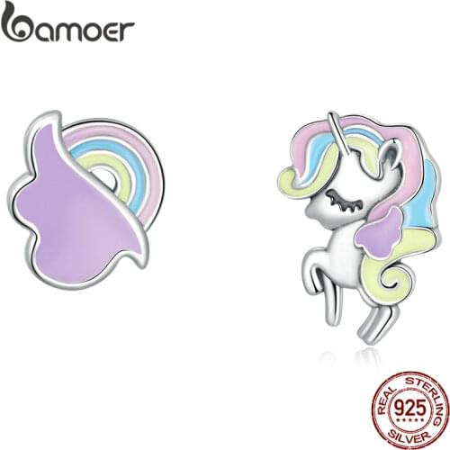 BAMOER Fantasy Unicorn 925 Sterling Silver Stud Earrings Lengendary Beast Simple Tiny Earrings For Women Birthday Party Gift
