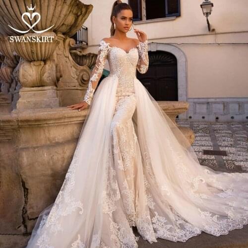 2 In 1 Mermaid Wedding Dress 2021 Sweetheart Appliques Long Sleeve Detachable Train SwanSarah LZ06 Bride Gown Vestido De Noiva
