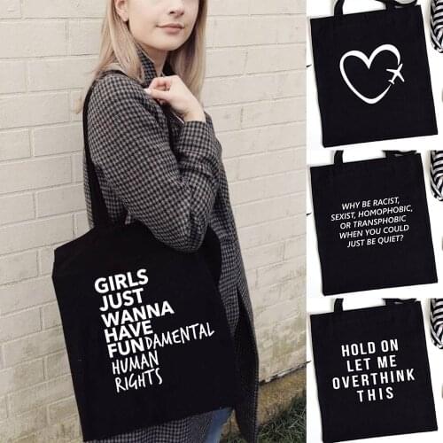 Women Vintage Reusable Cloth Bag Handbag Girl Shoulder Bags Letter Printing Harajuku Shopping Black Bags Canvas Tote Bag