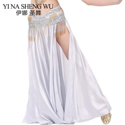 1pc Belly Dance Skirts Women Floor-Length Double Slit Dance Satin Skirt 12 Colors Belly Dance Performance Skirt (Without Belt)