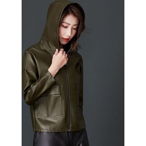 High Quality 2021 Spring Autumn New Womens Hooded Zipper Faux Sheepskin PU Leather Loose Fashion Short Jacket Women Y494