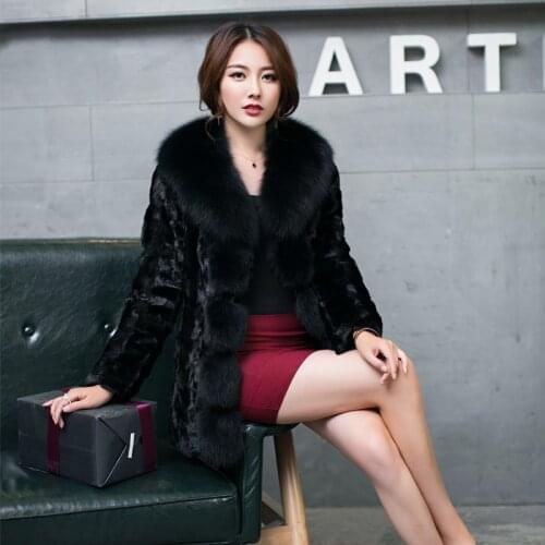 Real Mink Piece Fur Women Coat with fox fur Collar Winter Female Mink Fur Jacket