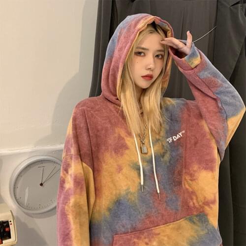 2021 Autumn Street Style Tie Dye Printed Womens Hoodies Y2K Oversize Pocket Long Sleeve Sweatshirt Winter Pullover Clothing