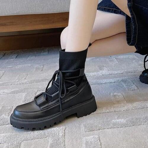 Boots Fashion Cross Tied Pu Leather Shoes Women Pumps 2021 Autumn Round Toe Platform Ytmtloy Stretch Fabric Botines De Mujer