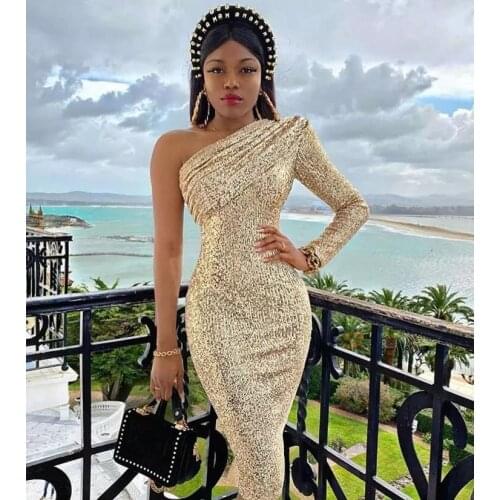 2021 Women Sexy Designer One Shoulder Sequins Gold Silver Glitter Party Dress Elegant Evening Sparkly Chic Club Dress Vestidos