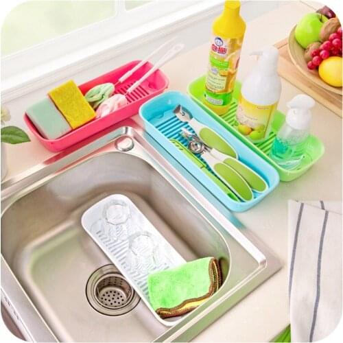 1Pcs Stylish Home Kitchen Countertop Sink Drain And Plastic Storage Box Frame Strip Drain Sponge Spoon Holder