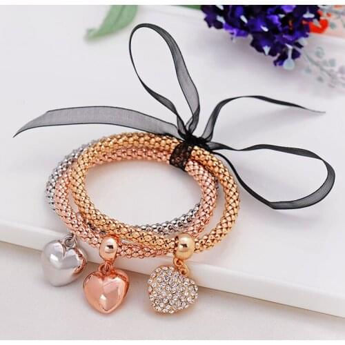 Gifts 3Pcs Gold Color Heart Charm Elastic Bracelets For Women Pulseras Bracelet Cute Multilayer Bangles pulseira feminina
