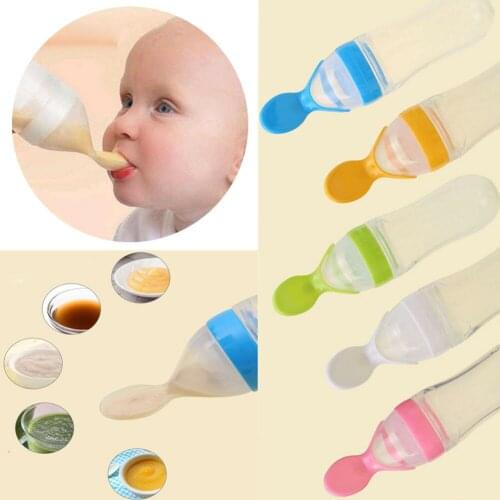 Safe Convenient Infant Baby Silicone Spoon Feeding With Spoon Food Rice Cereal Bottle Utensils