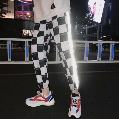 Reflective Streetwear Pants Men Fashion Splice Black white Lattice Hip Hop Joggers Trousers Men Pants Elastic Waist Sweatpants