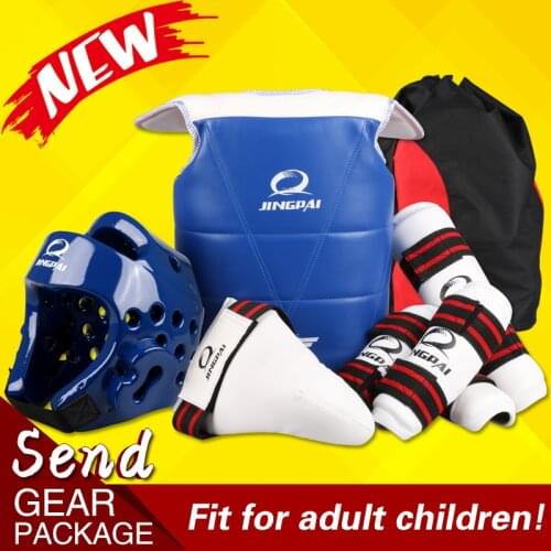 GINGPAI Adult Kids Taekwondo Gear Package Thickening Karate Protection 5pcs Chest Breast Head Shin Protectors Helmet Jockstrap