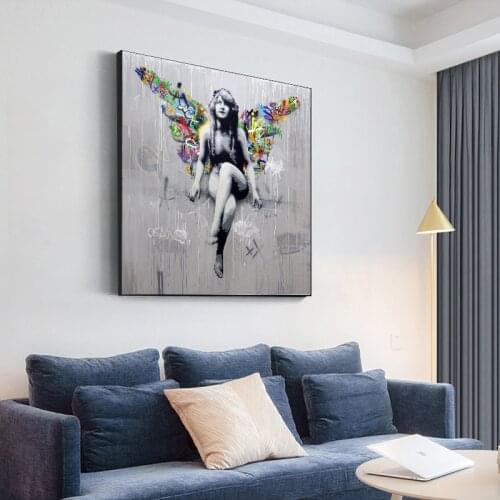 HUILIN Street Graffiti Angel Art Painting on Canvas Posters and Prints Abstract Wall Art Picture for Living Room Home Decor