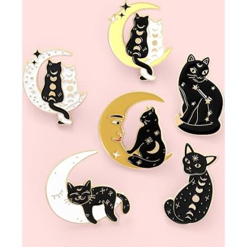 Creative Fashion Couple Cat Metal Enamel Brooch Cute Cartoon Moon Starry Sky Animal Badge Beautiful Lapel Backpack Jewelry Gift