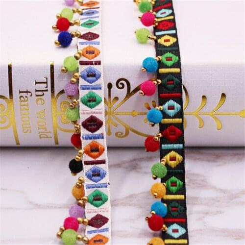 Lace Bohemian Ethnic Embroidery Lace Ribbon Width 2cm Colorful Round Ball Tassel Pom Pom Trim Beads Pendant Collars Accessories