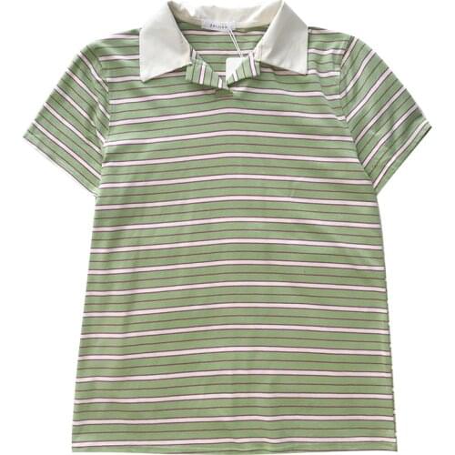 Retro green stripes summer retro color matching turn-down collar loose wild short-sleeved T-shirt