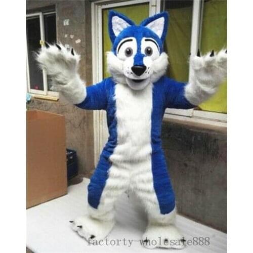 2019 Hot Halloween Long Fur Blue Husky Dog Mascot Costume Fox Adults Dress Suit Apparel Cartoon Character Birthday Clothes Gift