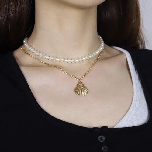 Fashion Personality Scallop Handmade Beaded Necklace Feminine Temperament Pearl Shell Double Set Choker Necklace Gift