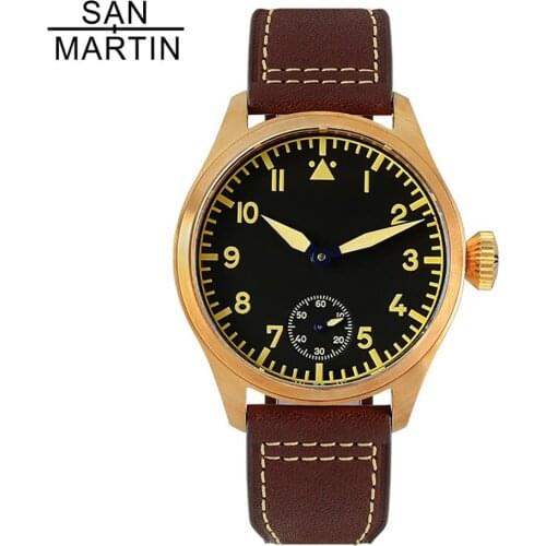 San Martin Bronze Manual winding Pilot Mens Watch Sapphire Crystal Leather Strap 100m Water Resistant Mechanical Wristwatch Men