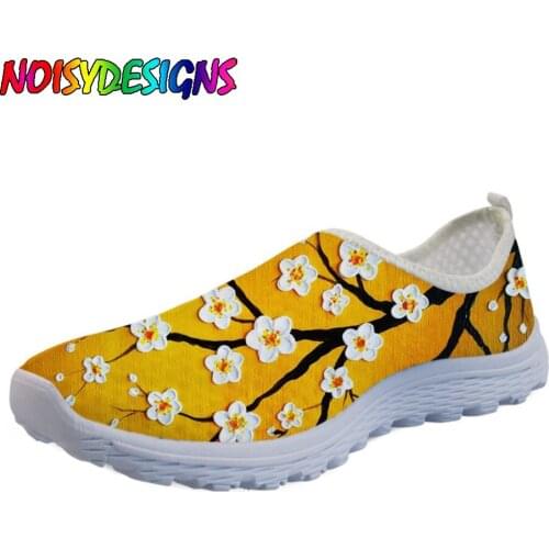 NOISYDESIGNS Cherry Blossoms Printing Yellow Flats Women Shoes Leisure Air Mesh Light Ladies Sneakers Slip-on Summer Shoes