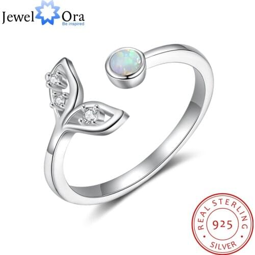 Real 925 Sterling Silver Cute Tail Ring with Cubic Zirconia Elegant Round White Opal Adjustable Rings for Women Fine Jewelry