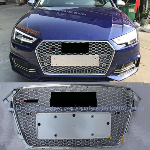 For RS4 style Honeycomb Silver Grill Grille For Audi A4 B8.5 S4 2013 13 2014 14 2015 15 2016 16 Chorme Trim Rings