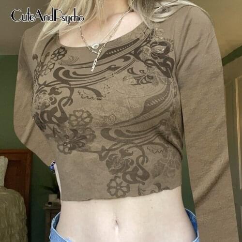 Harajuku Print Grunge Crop Tops Tee Streetwear Cute Retro Fairycore Tshirts Casual Autumn Long Sleeve Outfits Cuteandpsycho