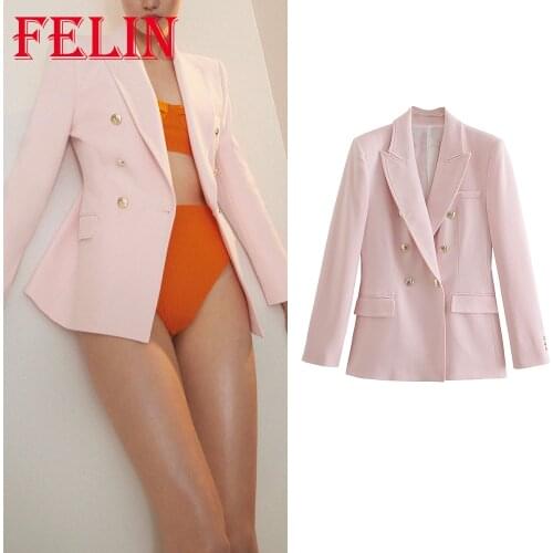 2021 Fashion Women Chic Pink Oversized Long Blazer Za Office Lady Double Breasted Pockets V Neck Elegant Mujer Tops Outwear