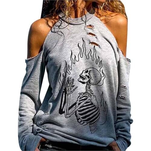 Women Long Sleeve Halloween Pullover Round Neck Out shouder Sweatshirt Skeleton Printing Casual Daily All-match Girl T-shirt Top