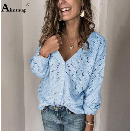 2020 Cardigan Sweater Women Fashion Eyelet Detail Sexy V-neck Long Sleeve Sweaters Autumn Casual Single Breasted Knitted Sweater