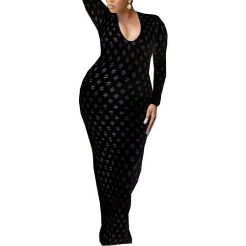 O-neck Hollow Bodycon Long Sleeve Dress White Curved Slim See Through Woman Dresses Elegant Holiday Street Wear Plus Size 4XL