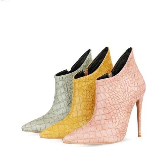 Crocodile boots Stiletto Heel Ankle Boots Women Poited Toe Sexy Thin Toe Ladies Booties Side Zipper Emboss Thin High Heel Shoes