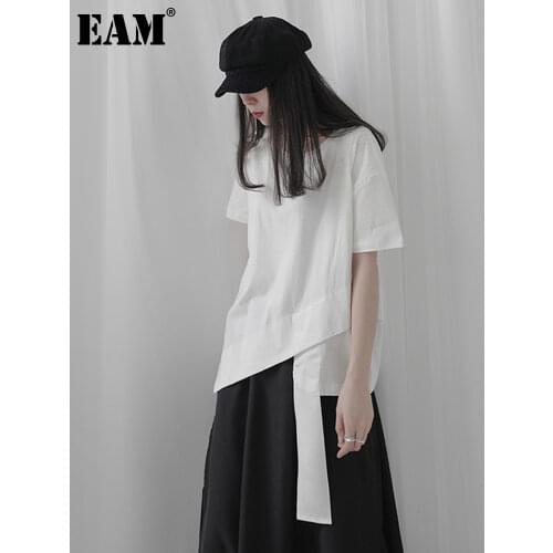 [EAM] Women White Ribbon Asymmetrical Split Big Size T-shirt New Round Neck Short Sleeve Fashion Tide Spring Summer 2021 1T237