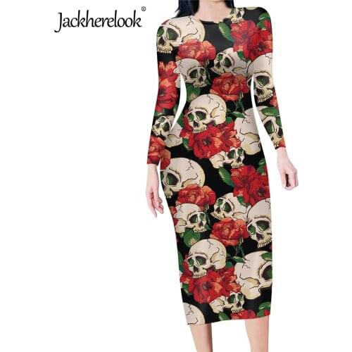 Jackherelook Rose Sugar Skull Pattern Womens Long Sleeve Longuette Bodycon Midi Pencil Dress For Office Lady Slim Party Dresses