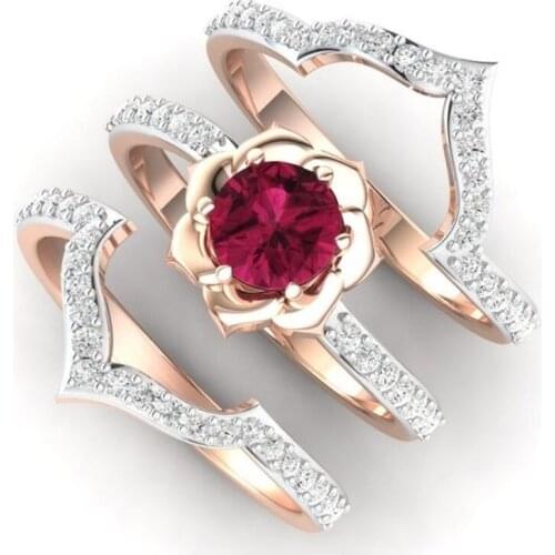 2019 New Arrival 3Pcs/Set Exquisite Rose Gold Flower Ring Anniversary Proposal Jewelry Women Engagement Wedding Band Ring Sets