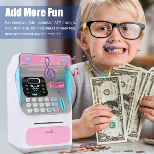 Simulated Facial Recognition ATM Piggy Bank Password Electric Auto Scroll Paper Banknote Childrens Electronic Saving Bank Coin