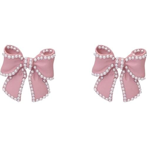 Korean Sweet Pink Girl Bow Earrings Female Temperament Ladies Pearl Earring Simple Wild Earrings