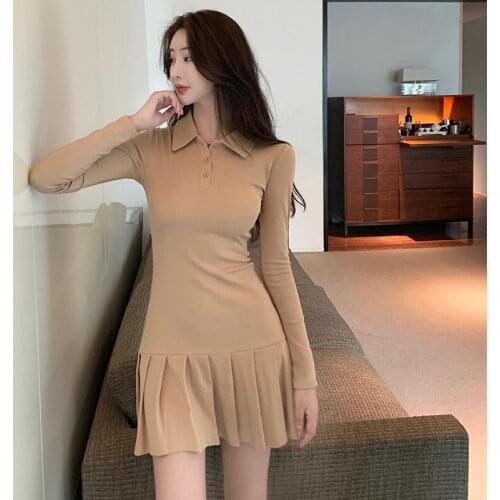 Korean Fashion Autumn Pleated Dress for Women Turn-down Collar Slim Black Mini Short Dresses Long Sleeve Female Clothes New