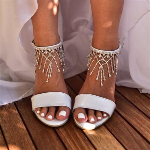 Block Heels Tassel Wedding Sandals for Bride High Heel Open Toe Crystals Wedding Bridal Party Dress Sandals Shoe Summer