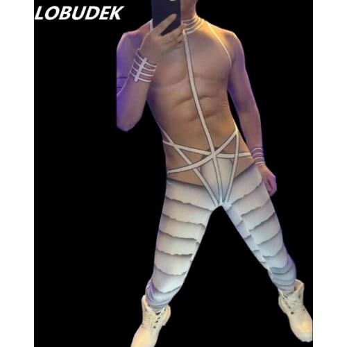 Men Club Bar DJ DS Costume Dance Teams Pole Dancing Performance Outfit Sexy Stretch 3D Printing Skinny Jumpsuit Tight Bodysuits