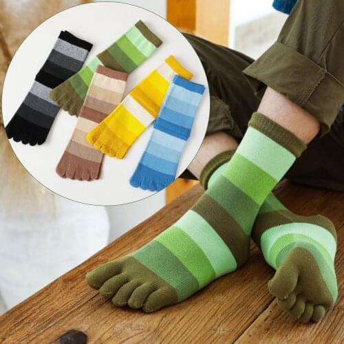 2021 Autumn Winter New Thick Medium Long Tube Five Finger Socks Pure Cotton Stripe 5 Toe Socks Set