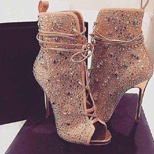 Luxury Bling Bling Crystal Peep Toe Ankle Boots Gold Silver Rhinestone Lace-up Boots Stiletto Heels Cut out Parth Dress Shoes