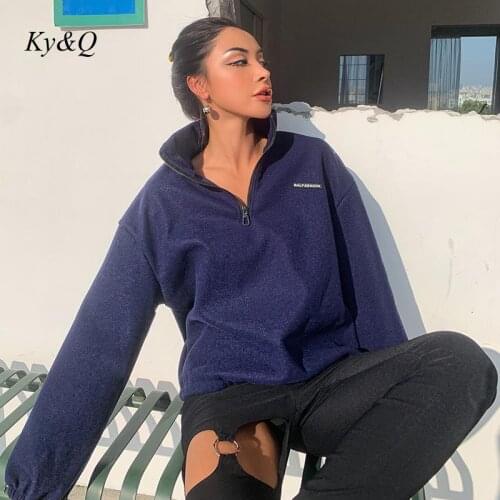 Luxury Thick Navy Blue Zipper Letter Print Oversized Winter Warm Sweatshirt Women 2021 Long Sleeve Pullovers Elegant British