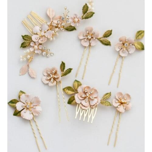 Hand Painted Flower Bridal Hair Comb Pins Rhinestone Wedding Headpiece Handmade Women Hair Ornament Jewelry